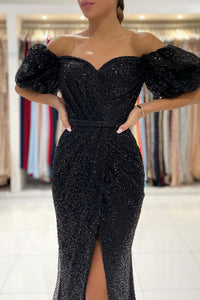 Shiny Tulle Mermaid Off Shoulder Black Long Prom Dress with High Slit  GJS443