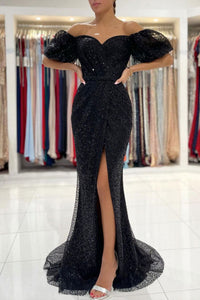 Shiny Tulle Mermaid Off Shoulder Black Long Prom Dress with High Slit  GJS443