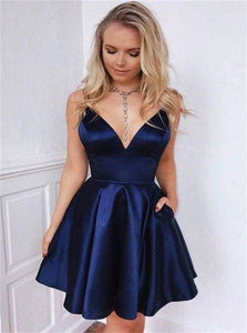 Navy Blue V Neck Mini Sleeveless Homecoming Dresses 