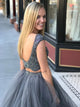 Two Piece Short Sleeves A Line Silver Open Back Floor Length Prom Dresses