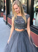 Two Piece Short Sleeves A Line Silver Open Back Prom Dresses