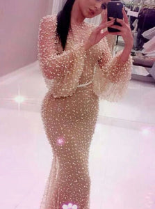 Chic Mermaid Long Sleeves Tulle Sweep Train Beadings Prom Dresses