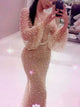 Chic Mermaid Long Sleeves Tulle Sweep Train Beadings Prom Dresses