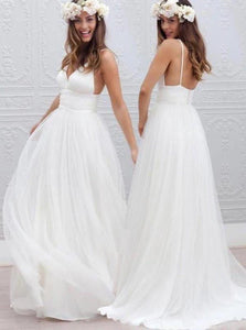 A Line Ivory Spaghetti Straps Sleeveless Tulle Prom Dresses
