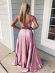 Two Piece Square Lace Up Pink Split Prom Dress with Lace Pockets LBQ0345