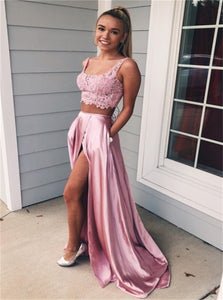 Two Piece Square Lace Up Pink Split Prom Dress with Lace Pockets 