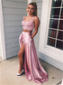 Two Piece Square Lace Up Pink Split Prom Dress with Lace Pockets LBQ0345