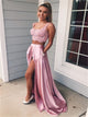 Two Piece Square Lace Up Pink Split Prom Dress with Lace Pockets 