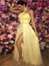 A Line Halter Sweep Train Yellow Tulle Split Prom Dress with Pleats LBQ0379