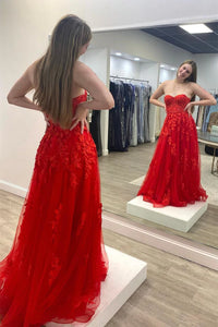 Strapless Red Tulle Long Prom Dress with Lace Appliques ZXS706