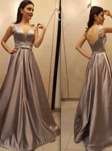 Chic Straps Silver A Line Belt Satin Prom Dresses 