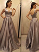 Chic Straps Silver A Line Belt Satin Floor Length Prom Dresses 