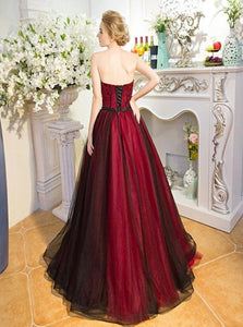 Burgundy Sweetheart Tulle A Line Lace Up Floor Length Prom Dresses