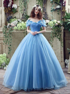 Ball Gown Off the Shoulder Tulle Blue Prom Dresses 