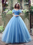 Ball Gown Off the Shoulder Tulle Blue Prom Dress LBQ0520