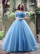 Ball Gown Off the Shoulder Tulle Blue Prom Dresses 