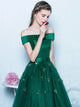 Off the Shoulder Floor Length Tulle and Satin Lace Up Prom Dresses