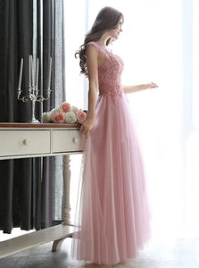 A Line Scoop Floor Length Sleeveless Tulle Lace Up Prom Dresses