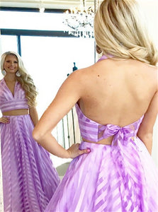Deep V Neck Lace Up Purple Striped Tulle Prom Dress