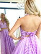 Deep V Neck Lace Up Purple Striped Tulle Sweep Train Prom Dresses