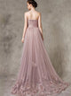 A Line Strapless Hand Made Flower Ruffles Sweep Train Prom Dresses