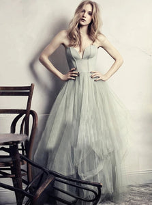 A Line Silver Sweetheart Sleeveless Tulle Prom Dresses 