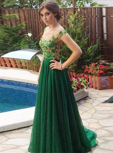 A Line Scoop Floor Length Tulle Prom Dresses