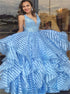 A Line Deep V Neck Blue Striped Tulle Prom Dress with Sequins LBQ0372