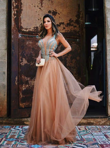 A Line V Neck Floor Length Sleeveless Tulle Prom Dresses with Appliques