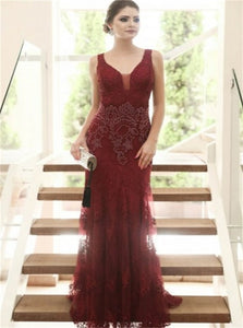 Mermaid Deep V Neck Sweep Train Dark Red Tulle Prom Dresses with Appliques