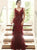 Mermaid Deep V Neck Dark Red Tulle Prom Dresses with Appliques