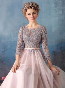 A Line Bateau Sweep Train Long Sleeves Tulle Prom Dresses with Appliques