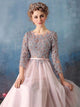 A Line Bateau Sweep Train Long Sleeves Tulle Prom Dresses with Appliques