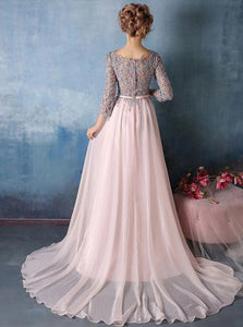 A Line Bateau Zipper Up Long Sleeves Tulle Prom Dresses