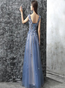 A Line Bateau Floor Length Sleeveless Tulle Prom Dress LBQ0498