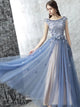 A Line Bateau Floor Length Sleeveless Tulle Prom Dress LBQ0498