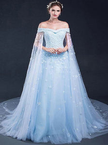 Sweetheart Light Sky Blue Sweep Train Tulle Prom Dresses