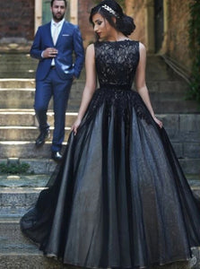 A Line Bateau Floor Length Sleeveless Tulle Prom Dresses 