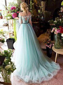 Green A Line Off the Shoulder Tulle Lace Up Half Sleeves Prom Dresses