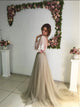 A Line Bateau Sweep Train Tulle Appliques Prom Dresses