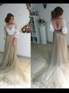 A Line Bateau Floor Length 3/4 Length Tulle Prom Dresses