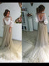 A Line Bateau Sweep Train 3/4 Length Sleeves Tulle Prom Dress LBQ0505