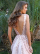 Pink Lace Tulle Appliques Open Back Scoop Sweep Train Prom Dresses