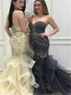 Mermaid Sweetheart Sweep Train Black Tulle Prom Dress with Beading Ruffles