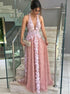 A Line V Neck Floor Length Appliques Tulle Prom Dress LBQ0493