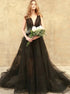 A Line V Neck Sweep Train Sleeveless Tulle Prom Dress LBQ0464