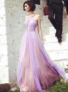 A Line Halter Floor Length Tulle Sleeveless Prom Dresses