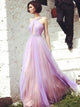 A Line Halter Floor Length Tulle Sleeveless Prom Dresses
