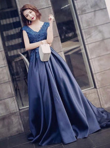 A Line V Neck Appliques Satin Short Sleeves Prom Dresses