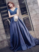 A Line V Neck Appliques Satin Sweep Train Prom Dresses